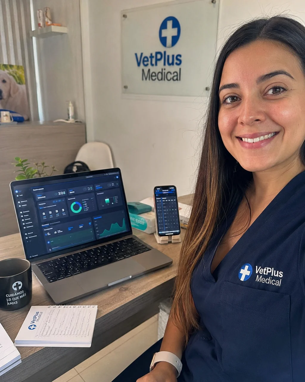 Valentina Rojas con el dashboard y la agenda de VetPlus Medical
