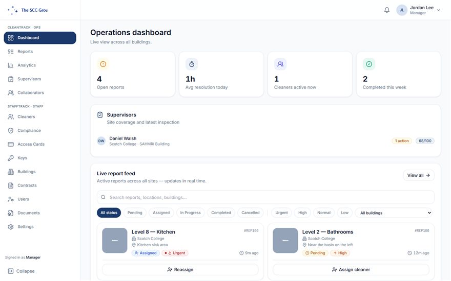 CleanTrack — operaciones multi-equipo en tiempo real